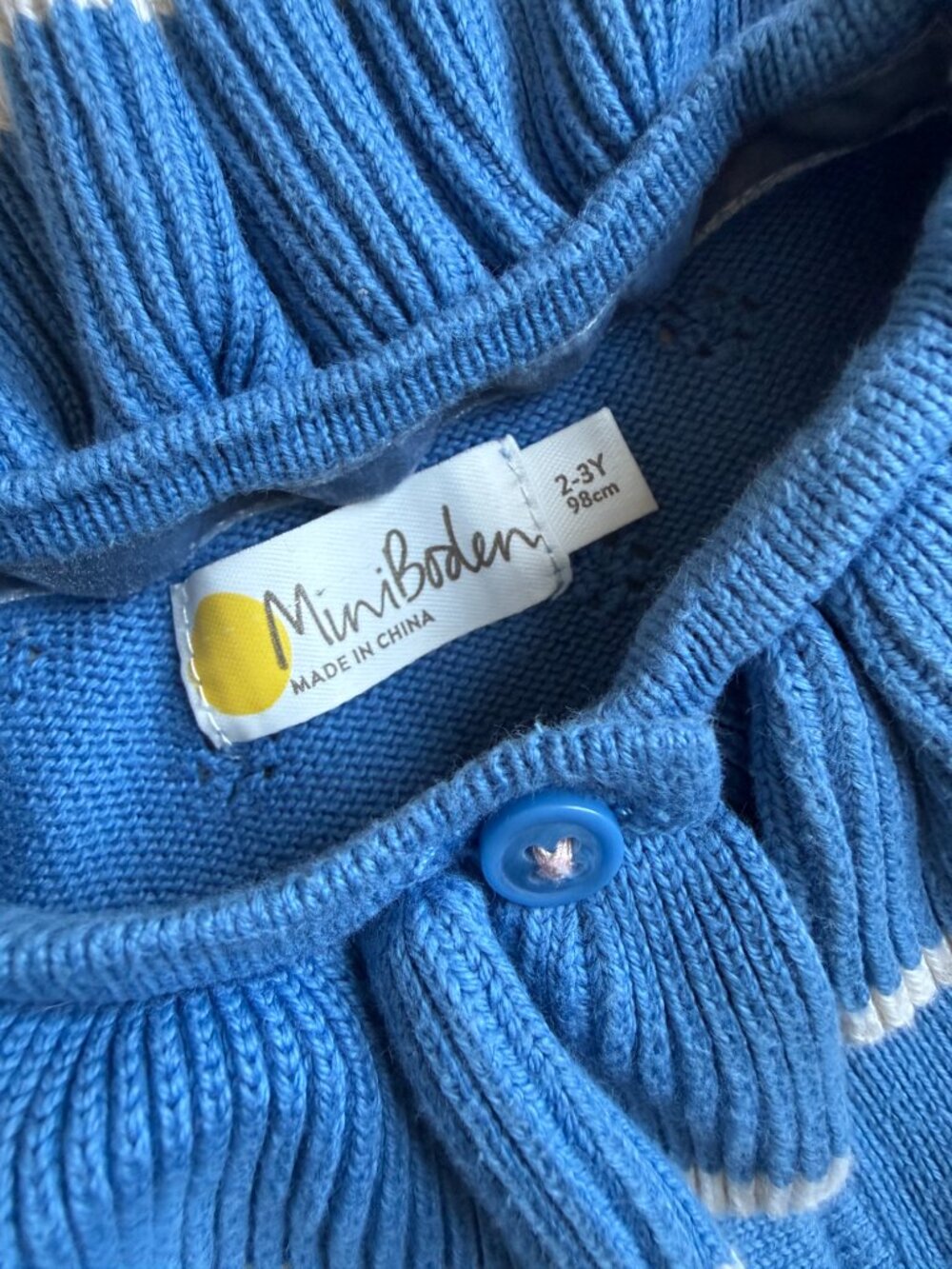 Mini Boden Blue Pointelle Knit Ruffle Collar Cardigan 2-3Y - Picture 3 of 5